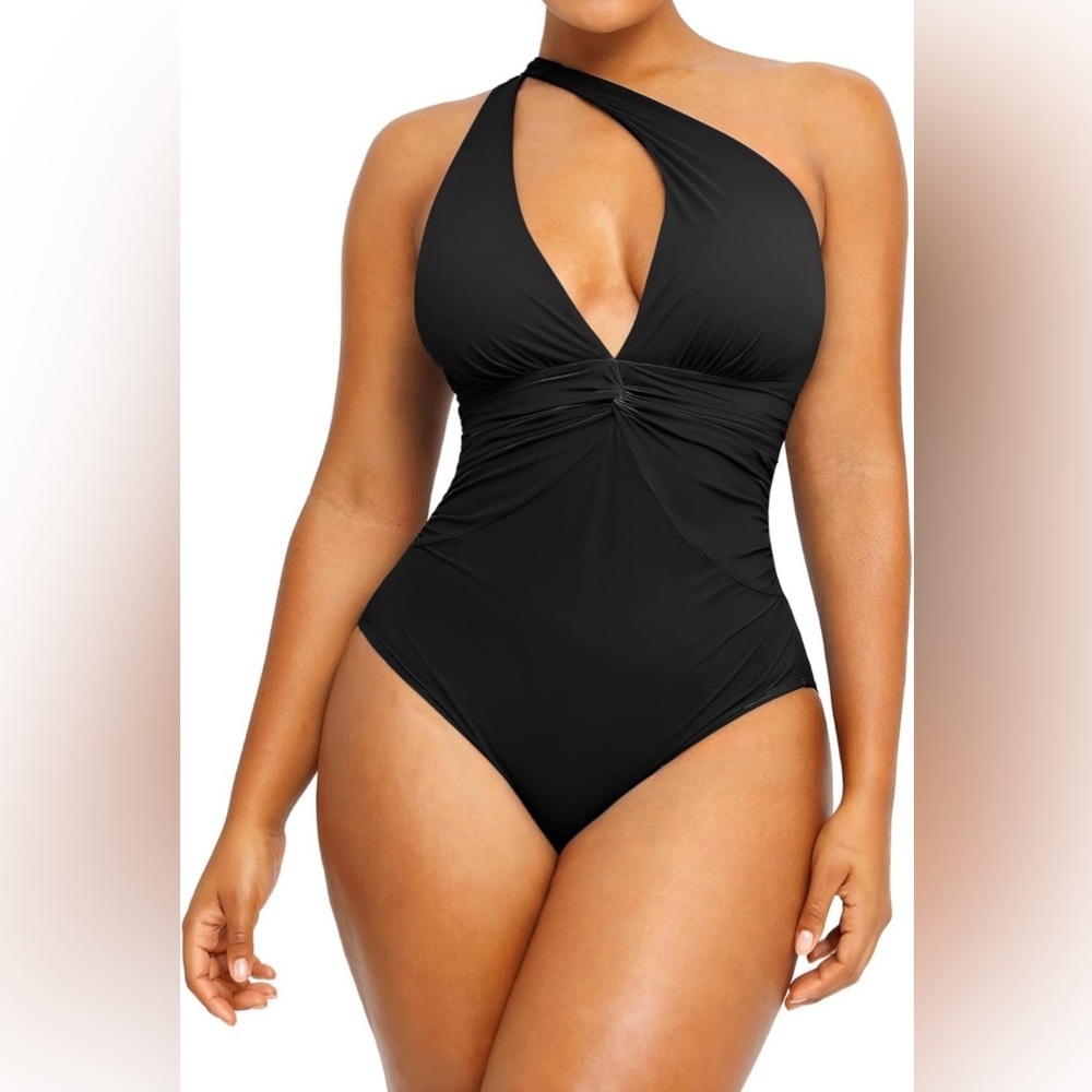 SHAPELLX Women's One Piece Swimsuit Tummy Control Ruched Full Coverage V Neck